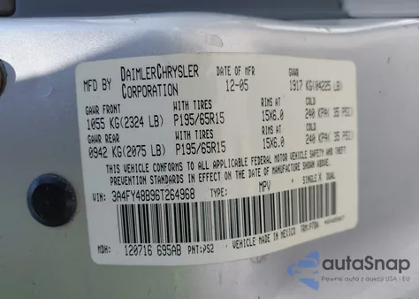 2006 Chrysler Pt Cruiser z USA, uszkodzony, nr VIN 3A4FY48B96T264968